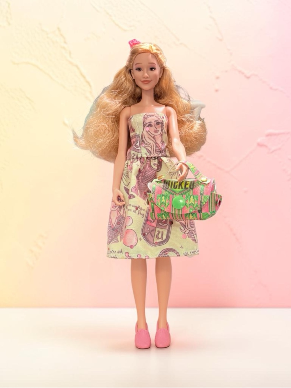 Fashion Doll Wicked Inspired Print in Pastel Graphic Dress with matching purse